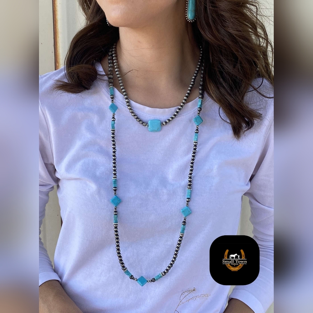 Faux Navajo Pearl And Diamond Turquoise Necklace